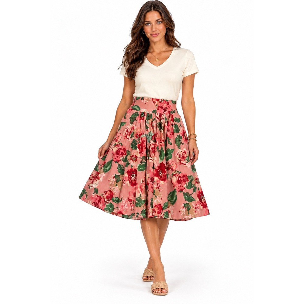Talbots Women's Size 12 Pink Floral Cotton Full A-Line Skirt Pleated Midi